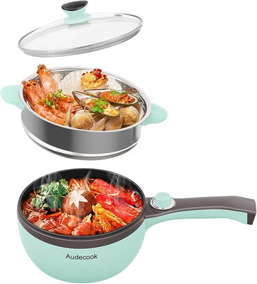 Audecook Olla eléctrica con vaporera, 20cm sartén eléctrica antiadherente, cazuela eléctrica pequeña para viajes, hotel, estudio - Verde